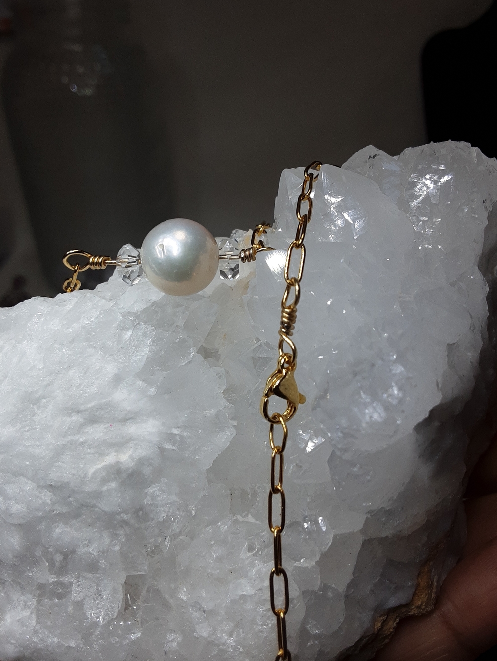 Gold Over Stainless Steel, Genuine Pearl, Herkimer Diamond Quartz Necklace.